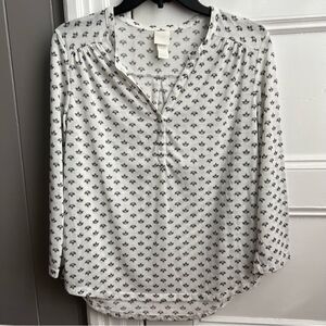 H&M White & Black Floral Print 3/4 Sleeve V-Neck Blouse S
